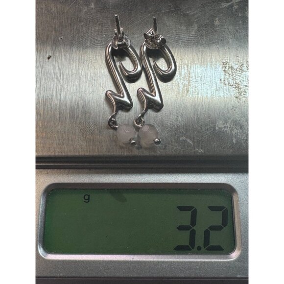 Estate Sterling Silver 925 Abstract Zig Zag Earrings with Dangle White Beads - Picture 8 of 8